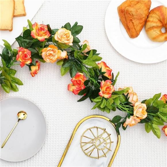 Artificial Rose Vines Flowers Garland Hanging Silk Rose Vine Wedding, Sunset Red - Picture 3 of 6